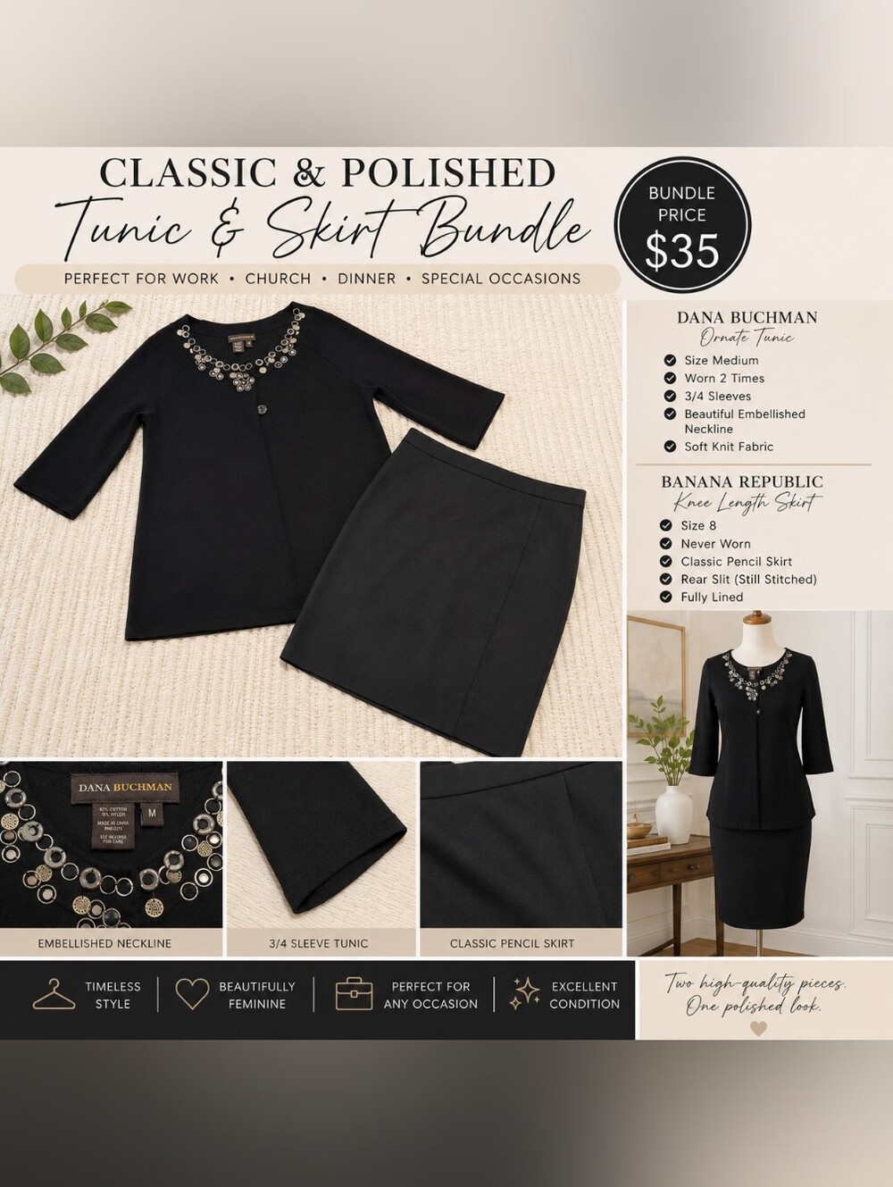 Dana Buchman Tunic & Banana Republic Skirt Bundle | Medium Top | Size 8 Skirt |